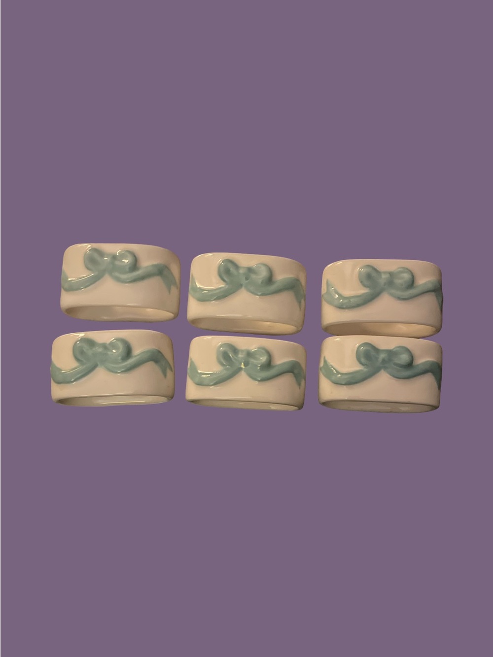 Vtg Ceramic Napkin Rings with Pale Blue Bow - Cottage/Provence - Set Of 6